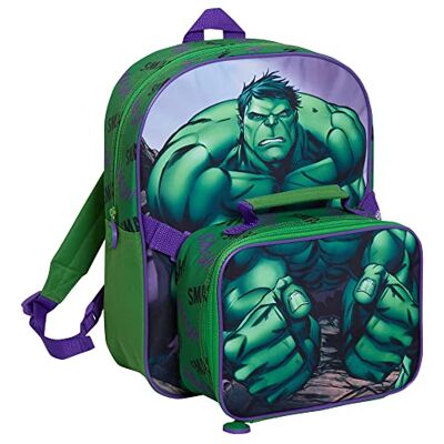 Marvel The Hulk Rucksack mit Lunchtasche für Kinder, Schultasche, 2-teilig, passendes, isoliertes Lunch-Set, grün, Einheitsgröße, Rucksack Marvel The Hulk Rucksack mit Lunchtasche für Kinder, Schultasche, 2-teilig, passendes, isoliertes Lunch-Set, grün, Einheitsgröße, Rucksack