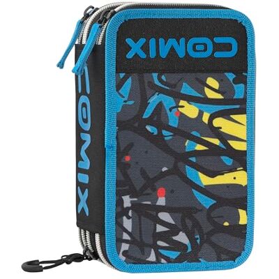 COMIX WBS Federmäppchen mit 3 Fächern für Kinder, mit Schreibwarenset, Hartschalenhülle mit geprägtem Maxi-Logo und Reißverschluss aus Metall, Schwarz/Blau, Federmäppchen mit 3 Reißverschlüssen COMIX WBS Federmäppchen mit 3 Fächern für Kinder, mit Schreibwarenset, Hartschalenhülle mit geprägtem Maxi-Logo und Reißverschluss aus Metall, Schwarz/Blau, Federmäppchen mit 3 Reißverschlüssen