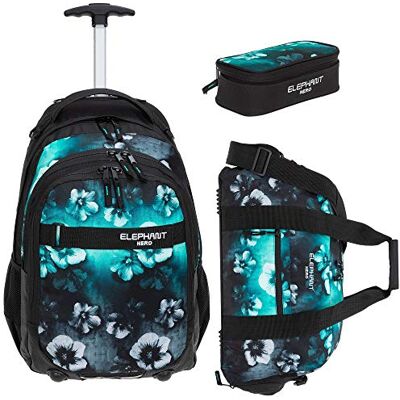 Elephant 3 Teile Set: Trolley Hero Signature Schultrolley Trolly Sporttasche Mäppchen (Flower Türkis-Schwarz Verlauf) Elephant 3 Teile Set: Trolley Hero Signature Schultrolley Trolly Sporttasche Mäppchen (Flower Türkis-Schwarz Verlauf)