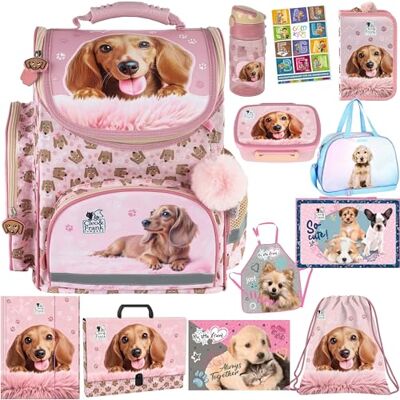 PASO - Schulranzen für Mädchen, 12er-Set Schul-Rucksack für Kinder mit Federmäppchen Schuhbeutel Trinkflasche und Brotdose Hund Motiv- 1-3 Klasse PASO - Schulranzen für Mädchen, 12er-Set Schul-Rucksack für Kinder mit Federmäppchen Schuhbeutel Trinkflasche und Brotdose Hund Motiv- 1-3 Klasse
