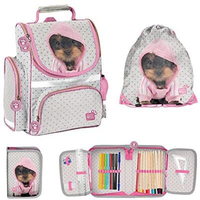 PASO 3-teiliges Schulset Hund Studio Pets mit Schulranzen Turnbeutel befüllte Federmappe – Kinder Schulrucksack Set zur Einschulung PASO 3-teiliges Schulset Hund Studio Pets mit Schulranzen Turnbeutel befüllte Federmappe – Kinder Schulrucksack Set zur Einschulung