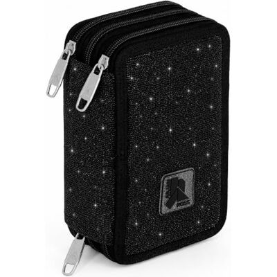 Ross 3-Fach Federmäppchen Mädchen Gefüllt 6-12 Jahre – Glitzer Schulmäppchen Set 46 Teile mit Radierbaren Stiften, Filzstiften, Buntstiften – Stardust Schwarz Ross 3-Fach Federmäppchen Mädchen Gefüllt 6-12 Jahre – Glitzer Schulmäppchen Set 46 Teile mit Radierbaren Stiften, Filzstiften, Buntstiften – Stardust Schwarz
