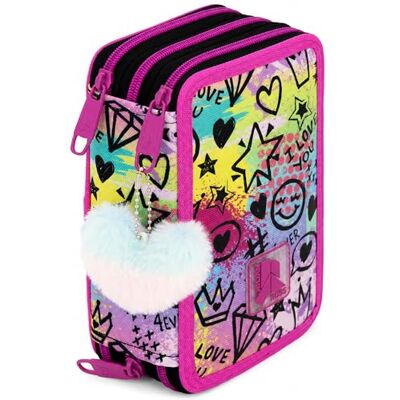 Ross 3-Fach Federmäppchen Mädchen Gefüllt 6-12 Jahre – Schulmäppchen Set 46 Teile mit Radierbaren Stiften, Filzstiften, Buntstiften – Shiny Mood Design mit Plüsch-Herz Anhänger Ross 3-Fach Federmäppchen Mädchen Gefüllt 6-12 Jahre – Schulmäppchen Set 46 Teile mit Radierbaren Stiften, Filzstiften, Buntstiften – Shiny Mood Design mit Plüsch-Herz Anhänger