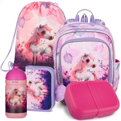 TOPGAL Schulranzen Set Mädchen ab 1 Klasse, 5 Teilig, Kinder Schultasche Erstklässler, Ergonomischer Schulrucksack für erste klasse. Rosa Lila Grundschule Ranzen mit Brustgurt (Pferd) TOPGAL Schulranzen Set Mädchen ab 1 Klasse, 5 Teilig, Kinder Schultasche Erstklässler, Ergonomischer Schulrucksack für erste klasse. Rosa Lila Grundschule Ranzen mit Brustgurt (Pferd)