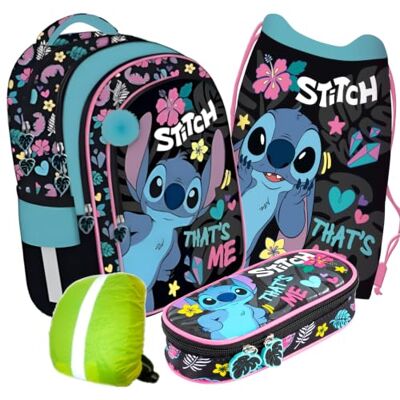 PASO - Schulranzen für Jungen und Mädchen, 4er-Set Schul-Rucksack für Kinder mit Schlampermäppchen- Schuhbeutel und Regenschutz Stitch Motiv PASO - Schulranzen für Jungen und Mädchen, 4er-Set Schul-Rucksack für Kinder mit Schlampermäppchen- Schuhbeutel und Regenschutz Stitch Motiv