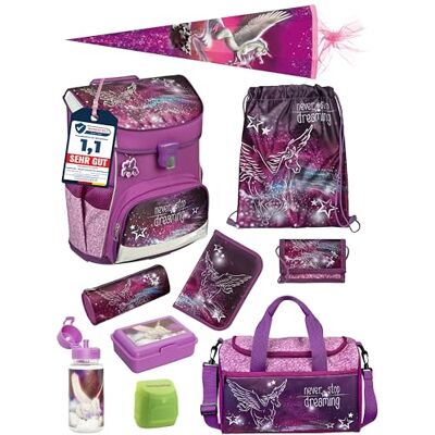 Familando Scooli Campus Fit Schulranzen Set 10-teilig mit Schultüte Pegasus Violett Ergonomisch, Stabil & 980g leicht 18L Volumen Brustgurt & Reflektoren Für Grundschule ab 1. Klasse Familando Scooli Campus Fit Schulranzen Set 10-teilig mit Schultüte Pegasus Violett Ergonomisch, Stabil & 980g leicht 18L Volumen Brustgurt & Reflektoren Für Grundschule ab 1. Klasse