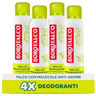 Borotalco , Aktives Deodorant Spray Gelb, Talkum mit geruchshemmenden Molekülen, frische Wirksamkeit, 48h Wirksamkeit, ohne Alkohol, Duft von Zeder und Limette 4 Stück à 150 ml Exklusiv von Amazon Borotalco , Aktives Deodorant Spray Gelb, Talkum mit geruchshemmenden Molekülen, frische Wirksamkeit, 48h Wirksamkeit, ohne Alkohol, Duft von Zeder und Limette 4 Stück à 150 ml Exklusiv von Amazon