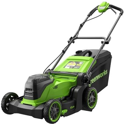 Greenworks 48V (24V x 2) Akku-Rasenmäher, 41 cm Schnittbreite, bis 440 m², 40 L Grasfangbox, 6-stufige zentrale Schnitthöhenverstellung 30–80 mm, OHNE Akku und Ladegerät,3 Jahre Garantie LM4102 Greenworks 48V (24V x 2) Akku-Rasenmäher, 41 cm Schnittbreite, bis 440 m², 40 L Grasfangbox, 6-stufige zentrale Schnitthöhenverstellung 30–80 mm, OHNE Akku und Ladegerät,3 Jahre Garantie LM4102