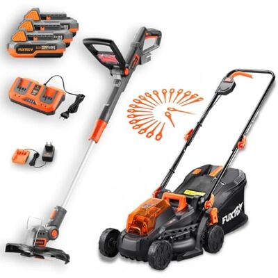 Fuxtec Akku Garten-Set – 20V Akku Rasentrimmer und 33cm Rasenmäher 40V (2x20V) inklusive 3X 2Ah Li-Ion Akkus & Doppelladegerät – Trimer Schnittbreite 25cm – Rasenmäher mit Schnitthöheneinstellung Fuxtec Akku Garten-Set – 20V Akku Rasentrimmer und 33cm Rasenmäher 40V (2x20V) inklusive 3X 2Ah Li-Ion Akkus & Doppelladegerät – Trimer Schnittbreite 25cm – Rasenmäher mit Schnitthöheneinstellung