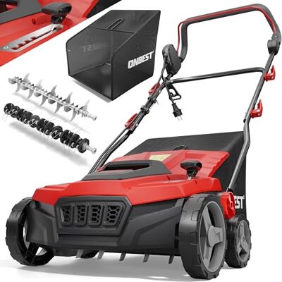 Onbest 2in1 Elektro Vertikutierer 1800 W – 38 cm mit Fangkorb Rasenvertikutierer mit Vertikutier- & Lüfterwalze, 45 L Fangkorb – entfernt Moos, Unkraut und Rasenfilz Onbest 2in1 Elektro Vertikutierer 1800 W – 38 cm mit Fangkorb Rasenvertikutierer mit Vertikutier- & Lüfterwalze, 45 L Fangkorb – entfernt Moos, Unkraut und Rasenfilz