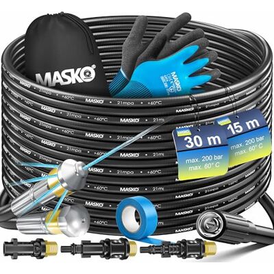 MASKO ® Premium Rohrreinigungsschlauch Set Abflussreiniger 30m, 200 bar inkl. Isolierband, Tasche 3 Adapter 2 Düsen kompatibel mit Kärcher k2-k7 LAVOR Hochdruckreiniger Rohrreinigungsset + Handschuhe MASKO ® Premium Rohrreinigungsschlauch Set Abflussreiniger 30m, 200 bar inkl. Isolierband, Tasche 3 Adapter 2 Düsen kompatibel mit Kärcher k2-k7 LAVOR Hochdruckreiniger Rohrreinigungsset + Handschuhe
