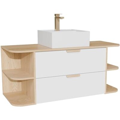 Unique Hängeschrank mit Nischen, quadratischem Aufsatzwaschbecken und Wasserhahn – Weiß und Natur hell – L 120 cm – AVORELI Unique Hängeschrank mit Nischen, quadratischem Aufsatzwaschbecken und Wasserhahn – Weiß und Natur hell – L 120 cm – AVORELI