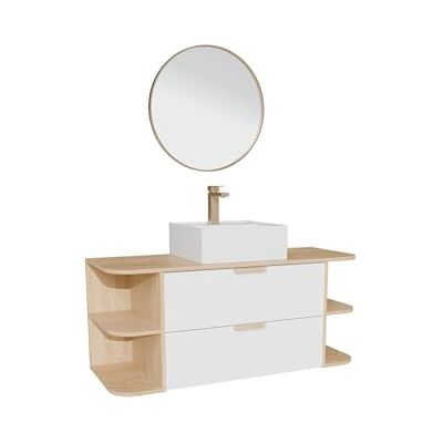 Unique Hängeschrank mit Nischen, eckigem Waschbecken, Wasserhahn und Spiegel – Weiß und Natur hell – L 120 cm – AVORELI Unique Hängeschrank mit Nischen, eckigem Waschbecken, Wasserhahn und Spiegel – Weiß und Natur hell – L 120 cm – AVORELI