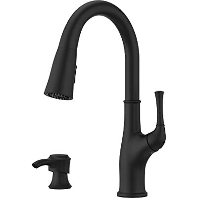 PFISTER Alderwood Küchenarmatur mit herausziehbarem Sprüher und Seifenspender, Einzelgriff, mattschwarzes Finish, F5297AWB PFISTER Alderwood Küchenarmatur mit herausziehbarem Sprüher und Seifenspender, Einzelgriff, mattschwarzes Finish, F5297AWB