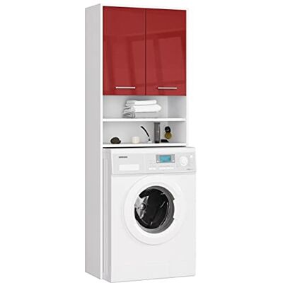 AKORD Hängender Waschmaschinenschrank überbauschrank Waschmaschienenüberschrank B64 x H180 x T30 cm, Gewicht 30 kg, Umbauschrank mit 2 Türen, 2 offene Ablagefächer Weiß & Rot Glänzend Front AKORD Hängender Waschmaschinenschrank überbauschrank Waschmaschienenüberschrank B64 x H180 x T30 cm, Gewicht 30 kg, Umbauschrank mit 2 Türen, 2 offene Ablagefächer Weiß & Rot Glänzend Front