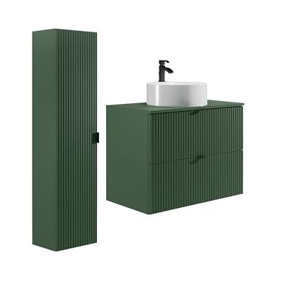 Unique Hängeschrank geriffelt mit Aufsatzwaschbecken rund und Säule – matt grün – 80 cm – Zevini Unique Hängeschrank geriffelt mit Aufsatzwaschbecken rund und Säule – matt grün – 80 cm – Zevini