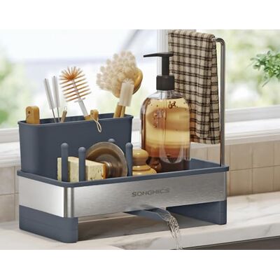 SONGMICS Spülbecken Organizer, 360° drehbarer Ablauf, mit Schwammhalter Edelstahl, Küchen Spültuchhalter, für Bürsten, Spülmittel, platzsparend, schiefergrau-silbern, PAXTON Kollektion KCS555GN01 SONGMICS Spülbecken Organizer, 360° drehbarer Ablauf, mit Schwammhalter Edelstahl, Küchen Spültuchhalter, für Bürsten, Spülmittel, platzsparend, schiefergrau-silbern, PAXTON Kollektion KCS555GN01