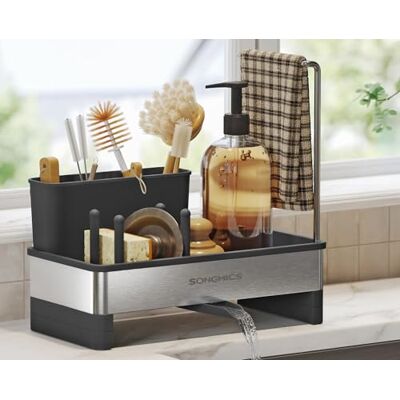 SONGMICS Spülbecken Organizer, 360° drehbarer Ablauf, mit Schwammhalter Edelstahl, Küchen Spültuchhalter, für Bürsten, Spülmittel, platzsparend, tintenschwarz-silbern, PAXTON Kollektion KCS555BH01 SONGMICS Spülbecken Organizer, 360° drehbarer Ablauf, mit Schwammhalter Edelstahl, Küchen Spültuchhalter, für Bürsten, Spülmittel, platzsparend, tintenschwarz-silbern, PAXTON Kollektion KCS555BH01