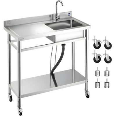 VEVOR Spültisch Spülbecken Edelstahl (1000 x 500 x 1055 mm), Einzelbecken mit Wasserhahn & Rädern, Küchenspüle für Garage Restaurant Wäscherei, Waschtisch Außenspüle mit Arbeitsplatte (links) VEVOR Spültisch Spülbecken Edelstahl (1000 x 500 x 1055 mm), Einzelbecken mit Wasserhahn & Rädern, Küchenspüle für Garage Restaurant Wäscherei, Waschtisch Außenspüle mit Arbeitsplatte (links)