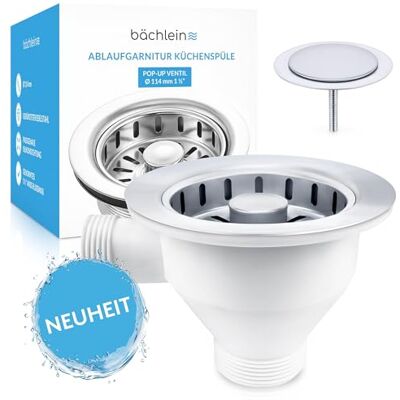Bächlein Pop-Up Ablaufgarnitur für die Küchenspüle – Ø 114 mm mit Überlauf Spülenablauf aus poliertem Edelstahl für die Küchenspüle – Siebkorbventil, Körbchenventil mit Click-Clack-Funktion Bächlein Pop-Up Ablaufgarnitur für die Küchenspüle – Ø 114 mm mit Überlauf Spülenablauf aus poliertem Edelstahl für die Küchenspüle – Siebkorbventil, Körbchenventil mit Click-Clack-Funktion