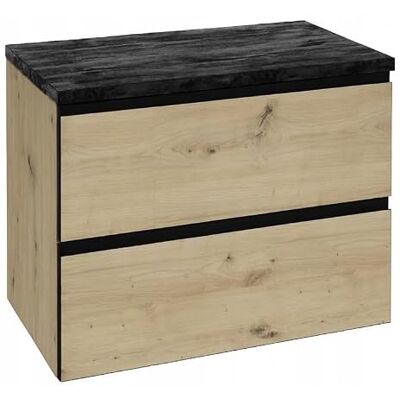 DomoDomo Waschbeckenunterschrank 60 cm hängend mit 2 Schubladen & Softclose – Bad Unterschrank für Aufsatzwaschbecken aus Eiche Artisan mit schwarzer Platte in Betonoptik – Badezimmer Unterschrank DomoDomo Waschbeckenunterschrank 60 cm hängend mit 2 Schubladen & Softclose – Bad Unterschrank für Aufsatzwaschbecken aus Eiche Artisan mit schwarzer Platte in Betonoptik – Badezimmer Unterschrank