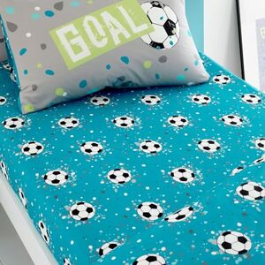 Bedlam Blaues Aqua-Fußball-Bettlaken, Spannbetttuch für Einzelbett, 190 x 90 x 25 cm, Fußball-Muster Bedlam Blaues Aqua-Fußball-Bettlaken, Spannbetttuch für Einzelbett, 190 x 90 x 25 cm, Fußball-Muster