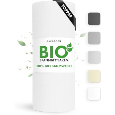 JACOBSON Bio Spannbettlaken Topper 100x200cm Baumwolle Spannbettlaken, GOTS zertifiziertes Bettlaken, 160g/m² Jersey Spannbetttuch (Topper 100x200, Weiß) JACOBSON Bio Spannbettlaken Topper 100x200cm Baumwolle Spannbettlaken, GOTS zertifiziertes Bettlaken, 160g/m² Jersey Spannbetttuch (Topper 100x200, Weiß)