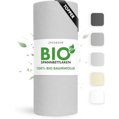 JACOBSON Bio Spannbettlaken Topper 120x200cm Baumwolle Spannbettlaken, GOTS zertifiziertes Bettlaken, 160g/m² Jersey Spannbetttuch (Topper 120x200, Hellgrau) JACOBSON Bio Spannbettlaken Topper 120x200cm Baumwolle Spannbettlaken, GOTS zertifiziertes Bettlaken, 160g/m² Jersey Spannbetttuch (Topper 120x200, Hellgrau)