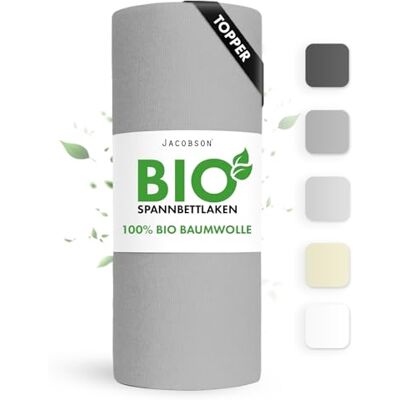 JACOBSON Bio Spannbettlaken Topper 120x200cm Baumwolle Spannbettlaken, GOTS zertifiziertes Bettlaken, 160g/m² Jersey Spannbetttuch (Topper 120x200, Grau) JACOBSON Bio Spannbettlaken Topper 120x200cm Baumwolle Spannbettlaken, GOTS zertifiziertes Bettlaken, 160g/m² Jersey Spannbetttuch (Topper 120x200, Grau)