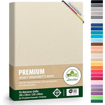 leevitex ® Premium Wasserbett & Boxspringbett Spannbettlaken Spannbetttuch 200 x 220 bis 220 x 240 97% Mako-Jersey-Baumwolle 3% Elastan Naturweiß/Creme 195 g/m² leevitex ® Premium Wasserbett & Boxspringbett Spannbettlaken Spannbetttuch 200 x 220 bis 220 x 240 97% Mako-Jersey-Baumwolle 3% Elastan Naturweiß/Creme 195 g/m²