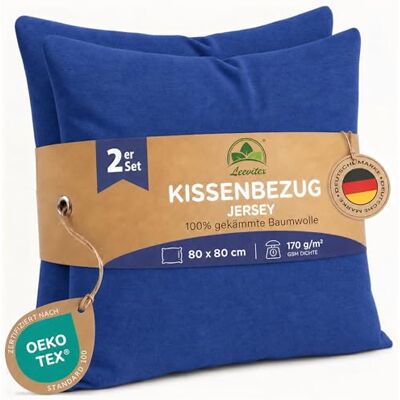 leevitex Kissenbezug 80x80cm 2er Set 100% Baumwolle Jersey Royalblau Öko-Tex Zertifiziert · Kopfkissenbezug für Kissen 80x80 cm · Kissenhülle 80x80 · verdeckter Reißverschluss · 170 g/m² leevitex Kissenbezug 80x80cm 2er Set 100% Baumwolle Jersey Royalblau Öko-Tex Zertifiziert · Kopfkissenbezug für Kissen 80x80 cm · Kissenhülle 80x80 · verdeckter Reißverschluss · 170 g/m²