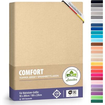 leevitex Premium Topper Boxspringbett Spannbettlaken 100% Mako-Jersey-Baumwolle ÖKO-TEX 170g/m² 90 x 200-100 x 220 Düne/Sand 18 cm Steg leevitex Premium Topper Boxspringbett Spannbettlaken 100% Mako-Jersey-Baumwolle ÖKO-TEX 170g/m² 90 x 200-100 x 220 Düne/Sand 18 cm Steg