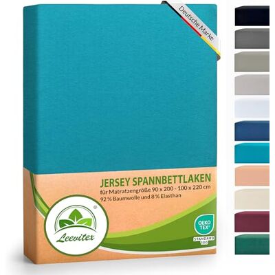 leevitex ® Luxus Elasthan Jersey Spannbettlaken 90x200 – 100x220 cm Multistretch 250 g/m² 92% Mako-Baumwolle und 8% Elasthan 40cm Steghöhe außergewöhnlich hochwertige Ausführung Petrol leevitex ® Luxus Elasthan Jersey Spannbettlaken 90x200 – 100x220 cm Multistretch 250 g/m² 92% Mako-Baumwolle und 8% Elasthan 40cm Steghöhe außergewöhnlich hochwertige Ausführung Petrol