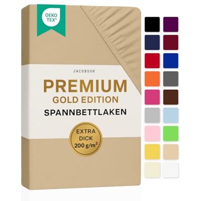 JACOBSON Premium Topper Spannbettlaken 200 g/m² Jersey Baumwolle mit Elasthan (Topper 180x200-200x200 cm, Beige) JACOBSON Premium Topper Spannbettlaken 200 g/m² Jersey Baumwolle mit Elasthan (Topper 180x200-200x200 cm, Beige)