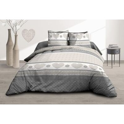 Le linge de Jules Bettbezug 220 x 240 cm + 2 Kopfkissenbezüge – Reine Baumwolle 57 Fäden – Herzen grau Le linge de Jules Bettbezug 220 x 240 cm + 2 Kopfkissenbezüge – Reine Baumwolle 57 Fäden – Herzen grau