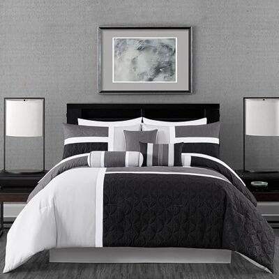 Chezmoi Collection Upland 7-teiliges gestepptes Patchwork-Bettwäsche-Set, Schwarz/Grau/Hellgrau, Full Chezmoi Collection Upland 7-teiliges gestepptes Patchwork-Bettwäsche-Set, Schwarz/Grau/Hellgrau, Full