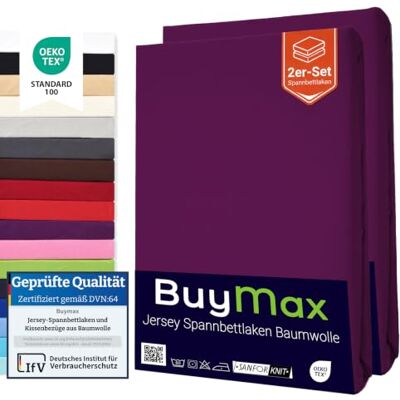 Buymax Spannbettlaken 120x200 cm Doppelpack – 2er Set aus 100% Baumwolle Jersey, 140 g/m², Rundumgummi, für Matratzen bis 25 cm, Oeko-TEX, Aubergine Buymax Spannbettlaken 120x200 cm Doppelpack – 2er Set aus 100% Baumwolle Jersey, 140 g/m², Rundumgummi, für Matratzen bis 25 cm, Oeko-TEX, Aubergine