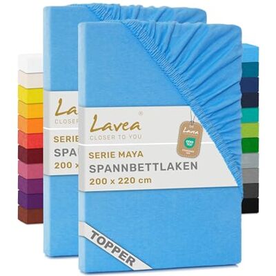 Lavea ® 2er Pack Topper Spannbettlaken 200x220cm – Himmelblau 100% Baumwolle Jersey – Für Topper bis 12 cm Höhe – Weich, Formstabil und Langlebig Lavea ® 2er Pack Topper Spannbettlaken 200x220cm – Himmelblau 100% Baumwolle Jersey – Für Topper bis 12 cm Höhe – Weich, Formstabil und Langlebig