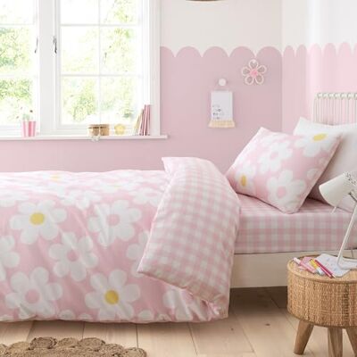 Bedlam Bettbezug mit rosa Blumen, Doppelbettgröße (200 x 200 cm), wendbare Designs (Gingham), 2 Kissenbezüge, rosa Bettwäsche mit Gänseblümchen, kariert/kariert, für Mädchen Bedlam Bettbezug mit rosa Blumen, Doppelbettgröße (200 x 200 cm), wendbare Designs (Gingham), 2 Kissenbezüge, rosa Bettwäsche mit Gänseblümchen, kariert/kariert, für Mädchen