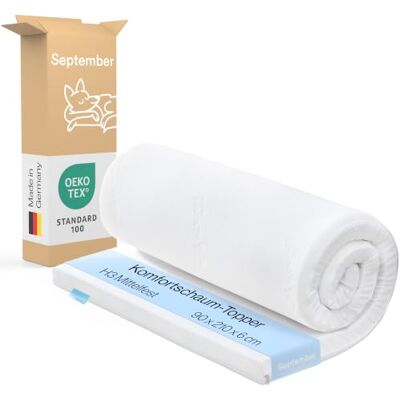 September Topper 90x210 cm H3 mittelfest Komfortschaum Höhe 6 cm Made in Germany, OEKO-TEX STANDARD 100, CertiPUR, Druckentlastend, Aloe Vera Bezug, Reißverschluss, Abnehmbar, Waschbar 60°C September Topper 90x210 cm H3 mittelfest Komfortschaum Höhe 6 cm Made in Germany, OEKO-TEX STANDARD 100, CertiPUR, Druckentlastend, Aloe Vera Bezug, Reißverschluss, Abnehmbar, Waschbar 60°C