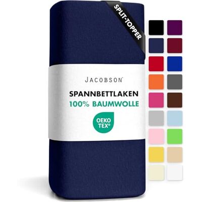 JACOBSON Jersey Spannbettlaken Baumwolle Bettlaken (Split-Topper 180x200-200x200 cm, Dunkelblau) JACOBSON Jersey Spannbettlaken Baumwolle Bettlaken (Split-Topper 180x200-200x200 cm, Dunkelblau)