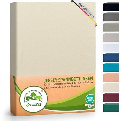 leevitex ® Luxus Elasthan Jersey Spannbettlaken 90x200 – 100x220 cm Multistretch 250 g/m² 92% Mako-Baumwolle und 8% Elasthan 40cm Steghöhe außergewöhnlich hochwertige Ausführung Natur leevitex ® Luxus Elasthan Jersey Spannbettlaken 90x200 – 100x220 cm Multistretch 250 g/m² 92% Mako-Baumwolle und 8% Elasthan 40cm Steghöhe außergewöhnlich hochwertige Ausführung Natur