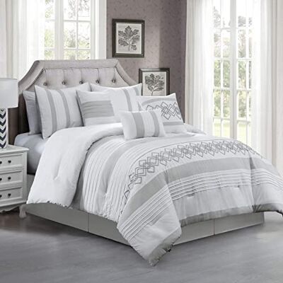Chezmoi Collection Ariel Bettwäsche-Set, 7-teilig, grau, geometrische Chenille-Stickerei, plissiert, gestreift, Queen-Size Chezmoi Collection Ariel Bettwäsche-Set, 7-teilig, grau, geometrische Chenille-Stickerei, plissiert, gestreift, Queen-Size