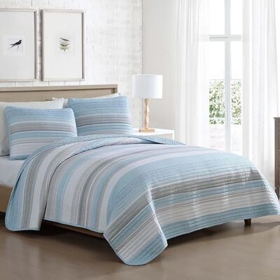 Beatrice Home Fashions Coralinn Gestreiftes 3-teiliges Bettwäsche-Set für alle Jahreszeiten, Kingsize, Blaugrau Beatrice Home Fashions Coralinn Gestreiftes 3-teiliges Bettwäsche-Set für alle Jahreszeiten, Kingsize, Blaugrau