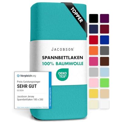 JACOBSON Jersey Spannbettlaken Spannbetttuch Baumwolle Bettlaken (Topper 180-200x200 cm, Türkis) JACOBSON Jersey Spannbettlaken Spannbetttuch Baumwolle Bettlaken (Topper 180-200x200 cm, Türkis)