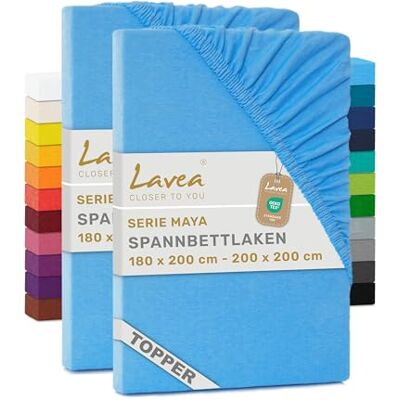 Lavea ® 2er Pack Topper Spannbettlaken 180/200x200cm – Himmelblau 100% Baumwolle Jersey – Für Topper bis 12 cm Höhe – Weich, Formstabil und Langlebig Lavea ® 2er Pack Topper Spannbettlaken 180/200x200cm – Himmelblau 100% Baumwolle Jersey – Für Topper bis 12 cm Höhe – Weich, Formstabil und Langlebig
