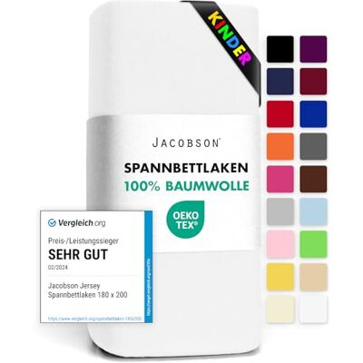 JACOBSON Jersey Spannbettlaken Spannbetttuch Baumwolle Bettlaken (60x120-70x140 cm, Weiss) JACOBSON Jersey Spannbettlaken Spannbetttuch Baumwolle Bettlaken (60x120-70x140 cm, Weiss)