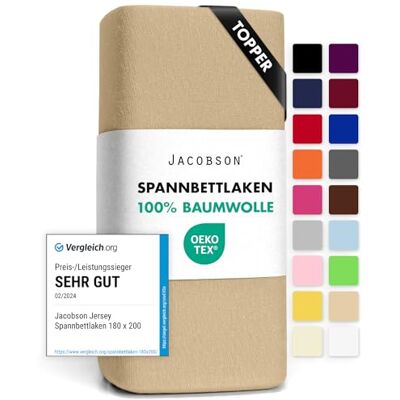 JACOBSON Jersey Spannbettlaken Spannbetttuch Baumwolle Bettlaken (Topper 180-200x200 cm, Beige) JACOBSON Jersey Spannbettlaken Spannbetttuch Baumwolle Bettlaken (Topper 180-200x200 cm, Beige)