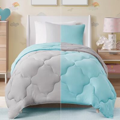 Comfort Spaces Vixie Reversible Comforter Set Modern Geometric Quaterfoil Cloud Quilted Design All Season Down Alternative Bedding, Matching Shams, Twin/Twin XL(66"x90"), Aqua/Light Gray Comfort Spaces Vixie Reversible Comforter Set Modern Geometric Quaterfoil Cloud Quilted Design All Season Down Alternative Bedding, Matching Shams, Twin/Twin XL(66"x90"), Aqua/Light Gray