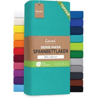 Lavea ® Topper Spannbettlaken 200x220 cm Türkis Maya 100% Jersey Baumwolle – Weiches Spannbetttuch Topper bis 10 cm, atmungsaktives Bettlaken, formstabil & pflegeleicht Lavea ® Topper Spannbettlaken 200x220 cm Türkis Maya 100% Jersey Baumwolle – Weiches Spannbetttuch Topper bis 10 cm, atmungsaktives Bettlaken, formstabil & pflegeleicht